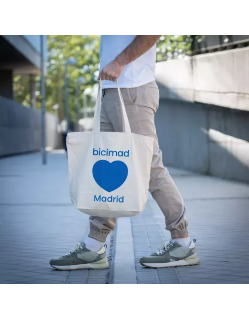 Bolsa de tela en algodón orgánico con motivos impresos de bicimad.